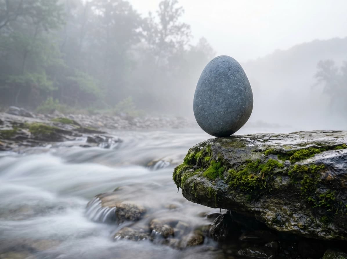 A balanced stone on a river rock