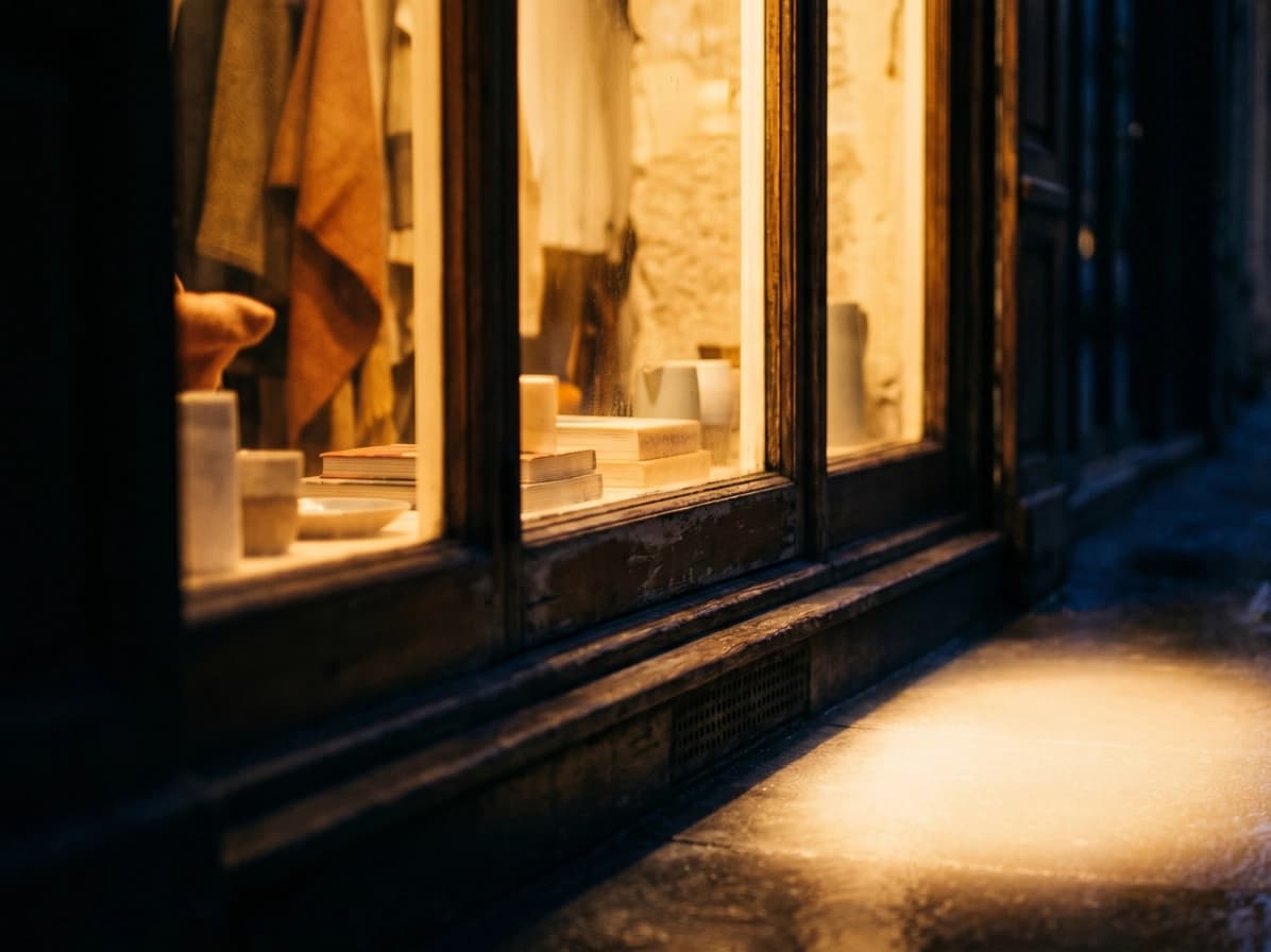 A lit shop window at night