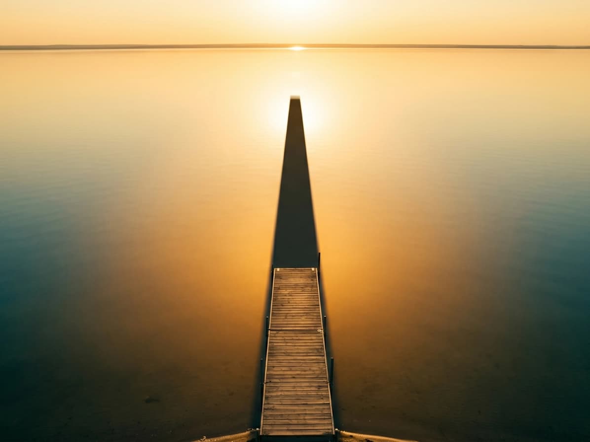 A dock stretching into calm water at sunset
