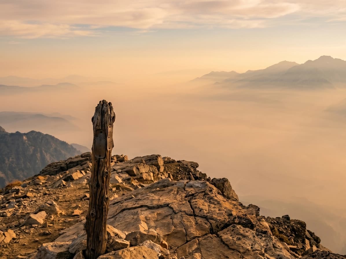 A summit marker above the clouds