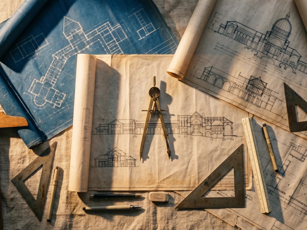 Blueprints and drafting tools on a table